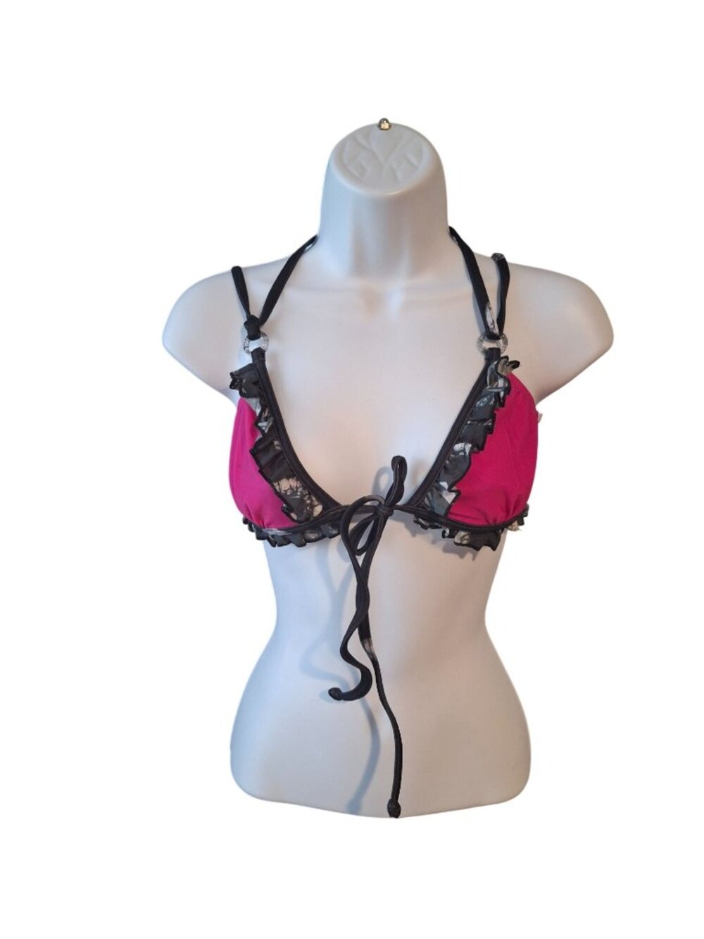Womens Fuchsia Pink Black Ruffle Triangle Bikini Top Halter Y2K Goth Swimwear